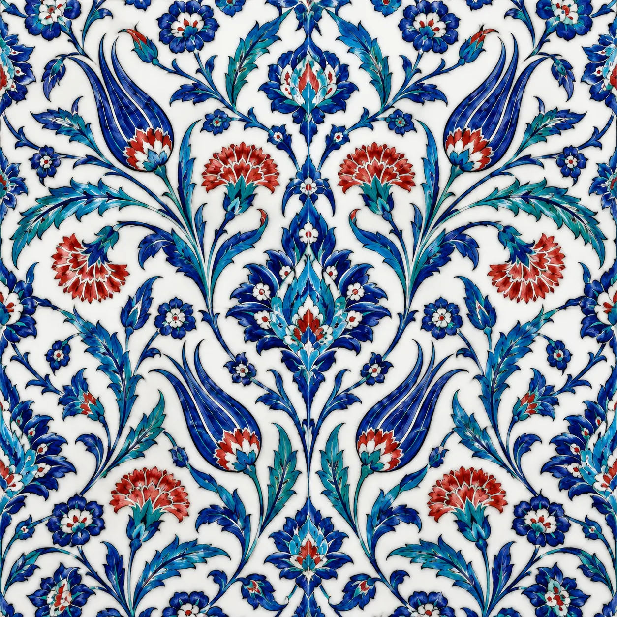 Padrão de azulejos de Iznik com tulipas e cravos estilizados em azul, turquesa e vermelho